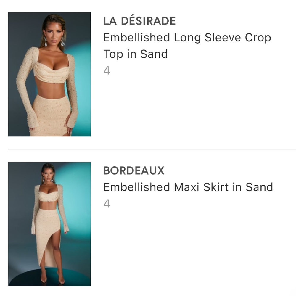 Embellished long sleeve top and maxi skirt set